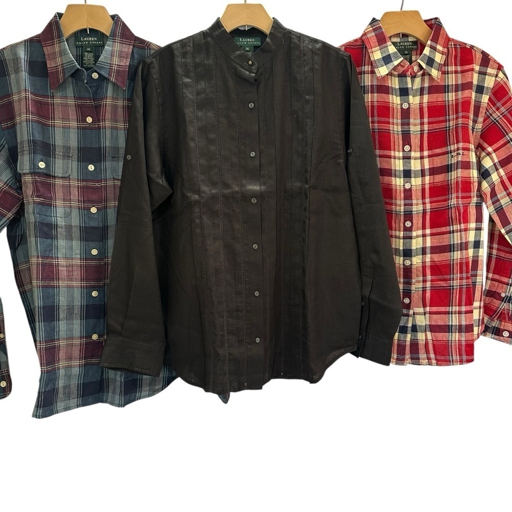 Lauren Ralph Lauren Lot (3) Women's M 100% Linen Button Up Roll Tab Tops Classic